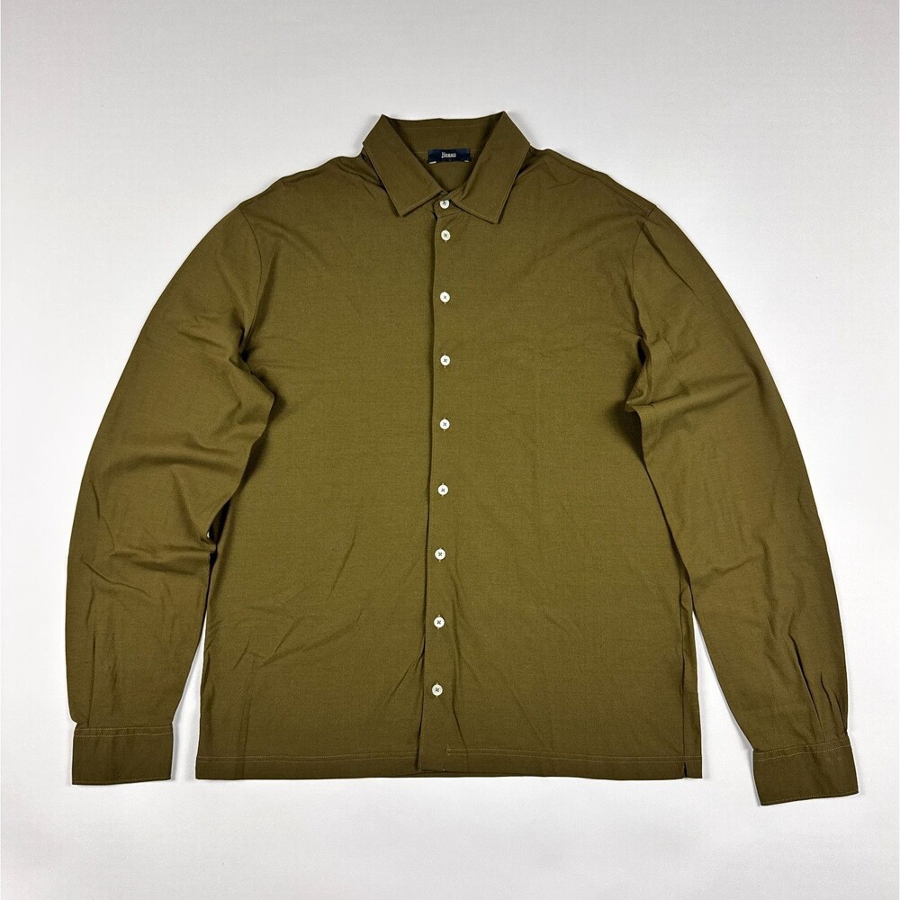 Herno Mens Long Sleeve Button Up Shirt Olive Green Cotton Size 54 XL